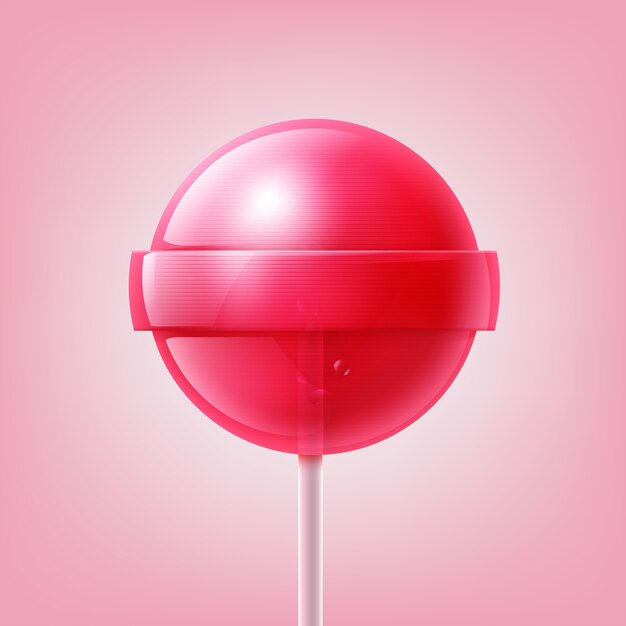 Vector big pink ball lollipop on stick close up front view isolated on background