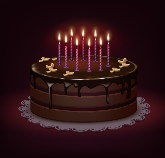 Vector birthday chocolate cake with icing, nuts and nine burning candles on dark background