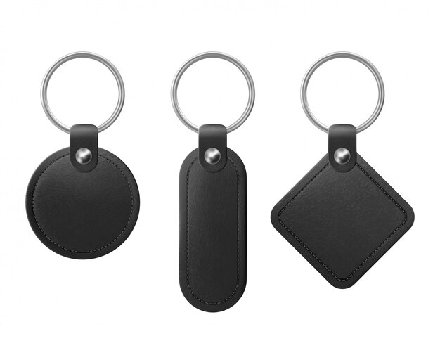 Vector black leather keychain with metal ring