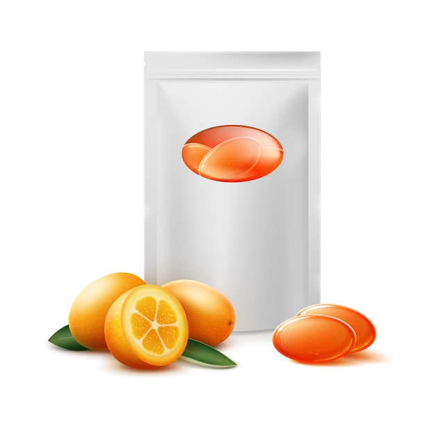 Vector blank pack of orange citrus candies with kumquat fruit close up front view isolated on white background