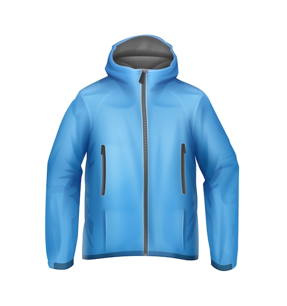 Vector blue softshell unisex sport jacket with hood front view isolated on white background