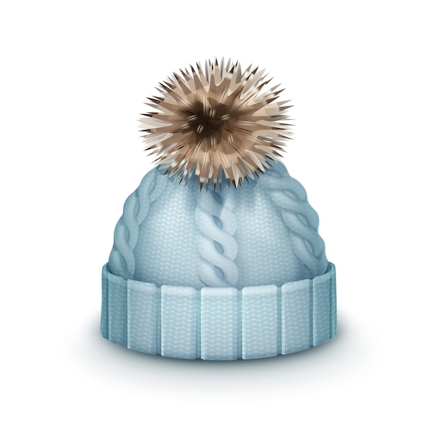 Free Vector vector blue winter knitted cap with pom-pom side view isolated on white background