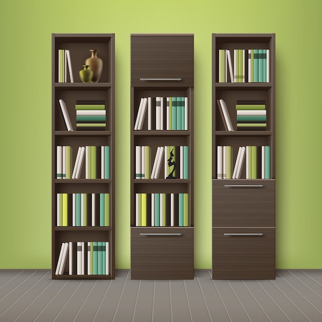 Free vector vector brown wooden bookcases, full of different books and decorations, standing on floor with green, olive wall background