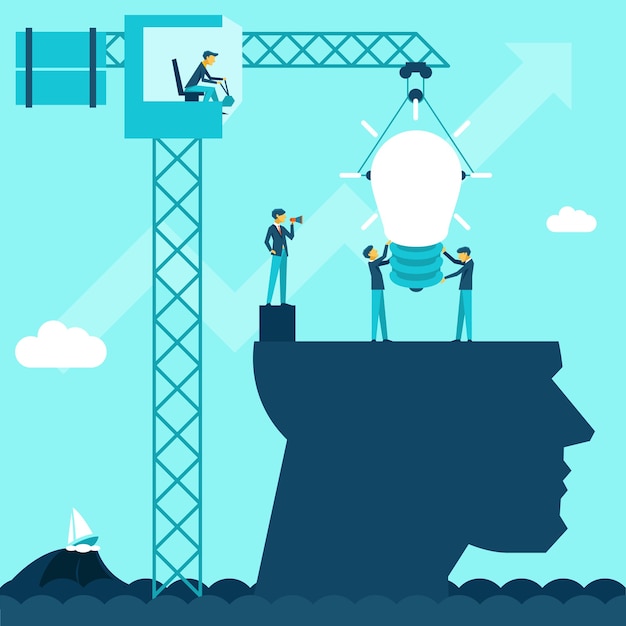 Free Vector vector business idea. illustration businessmen establish lightbulb of using a crane head