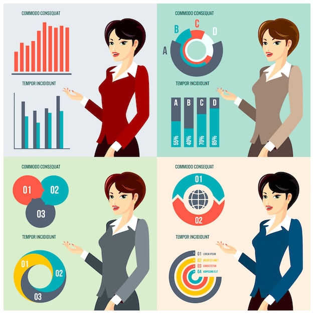 Free Vector vector business woman presenting business progress with diagrams and charts