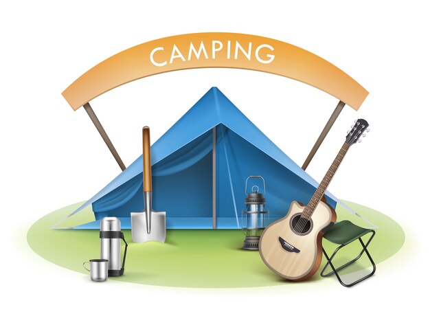 Vector camping zone with blue tent, folding chair, guitar, shovel, thermos, lantern and signboard