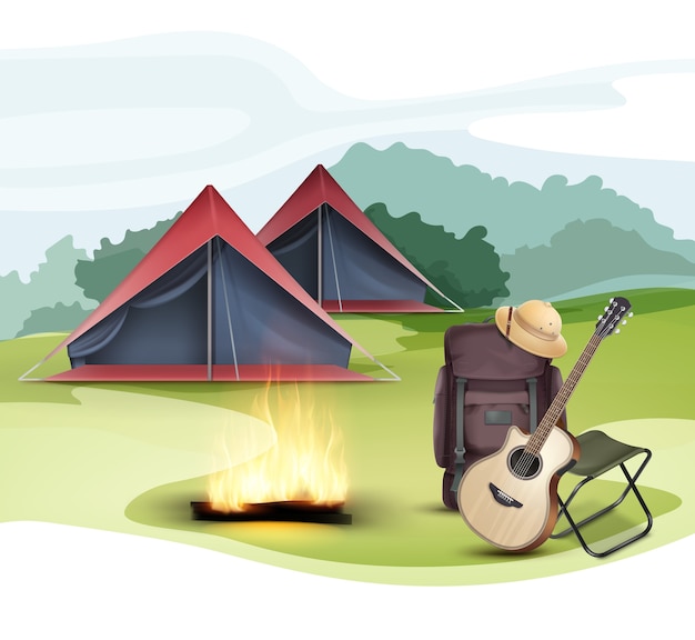 Vector camping zone with tent, big travel backpack, folding chair, safari hat, guitar and bonfire