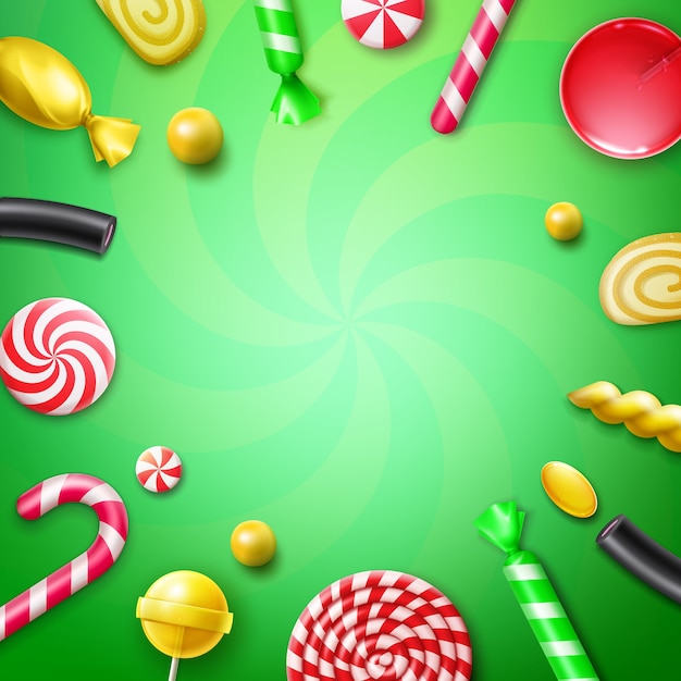 Free Vector vector candy flat lay with different sweets in red, yellow striped foil wrappers, swirl lollipops, xmas cane and copyspace top view on green background