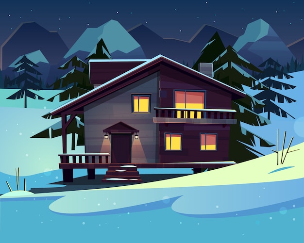 Vector cartoon background with a luxury hotel in snowy mountains at night. 