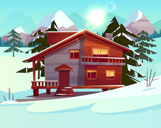 Vector cartoon background with a luxury hotel in snowy mountains