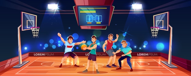 Free Vector vector cartoon background with sports people playing team game on basketball arena. indoor playgroun