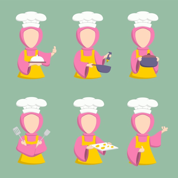 Free vector vector cartoon character design young muslim woman wearing hijab in various pose for graphic designer use for card, website, banner, brochure, leaflet, placard, and print