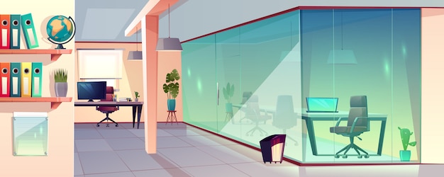 Vector cartoon illustration of bright office, modern workplace with transparent glass wall and tile 