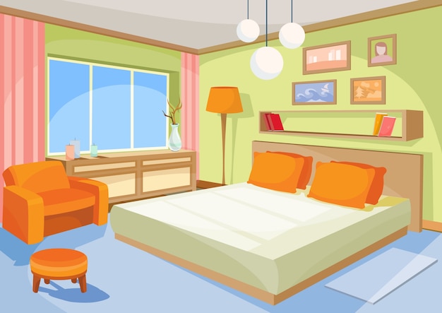 Free Vector vector cartoon illustration interior orange-blue bedroom, a living room with a bed, soft chair