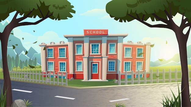 Vector cartoon illustration. School building on a green lawn and road between trees. Educalion and l