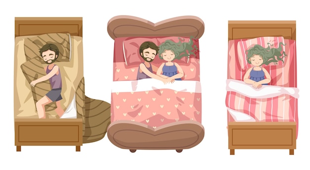 Free Vector vector cartoon illustration sleeping concept. adequate sleep is the best rest. husband and wife sleep sweet dreams in bed in his home.