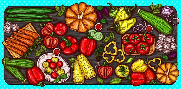 Vector cartoon illustration of various vegetables whole and sliced on a wooden background.