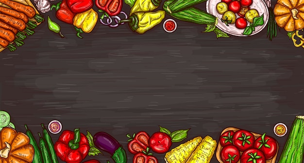 Free Vector vector cartoon illustration of various vegetables on a wooden background.