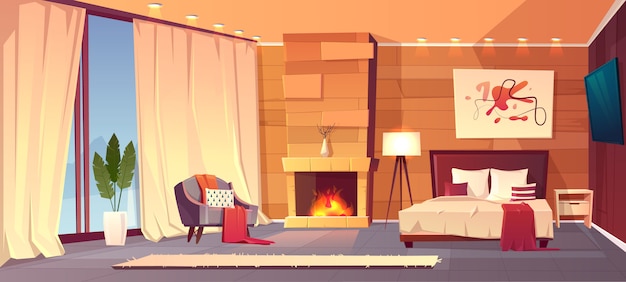 Free Vector vector cartoon interior of cozy hotel bedroom with furniture - double bed, carpet and fireplace. liv