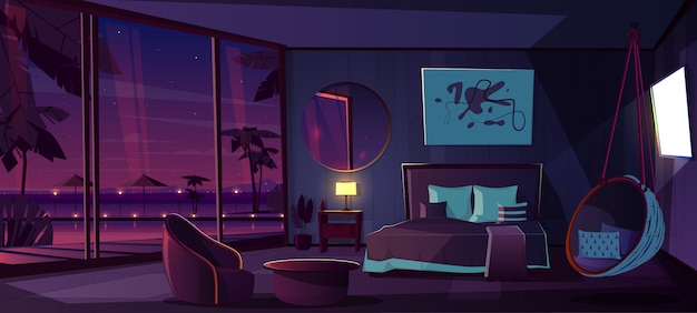 Free Vector vector cartoon interior of hotel bedroom at night