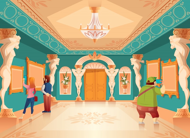 Vector cartoon museum exhibition with pictures and visitors in royal ballroom with atlas columns. Ar