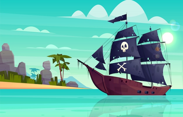 Free Vector vector cartoon pirate ship on water, sand beach of the bay. 