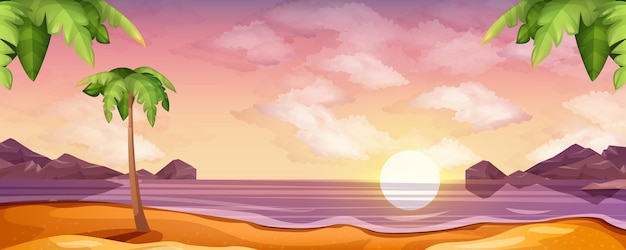 Free Vector vector cartoon sea with sunset or sunrise on beach. landscape of ocean with sand coastline, palm trees and mountains on horizon. nature landscape background with clouds in sky and rising sun.