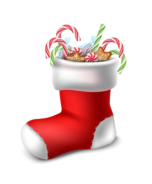 Vector cartoon style Christmas red sock with candies inside Isolated on white background