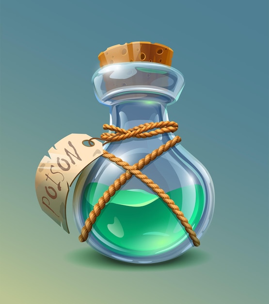 Free Vector vector cartoon style icon illustration glass bottle of green poison with rope and label on it