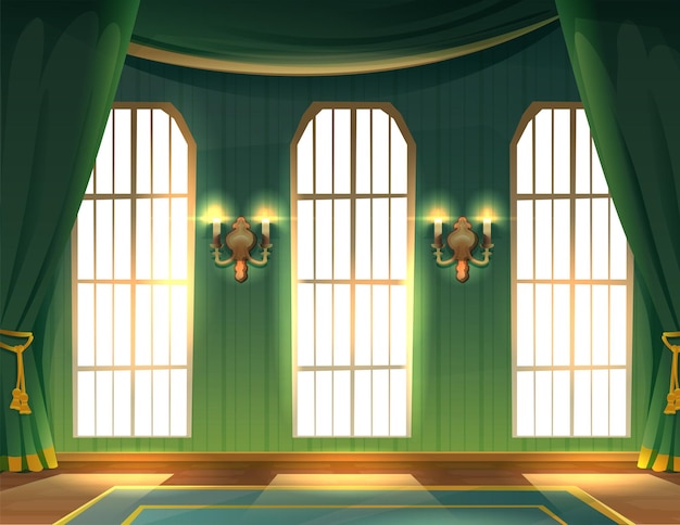 Free vector vector cartoon style illustration. castle indoor interior. hall luxury medieval palace with big wind