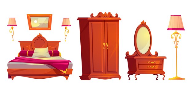 Vector cartoon wooden furniture for luxury bedroom