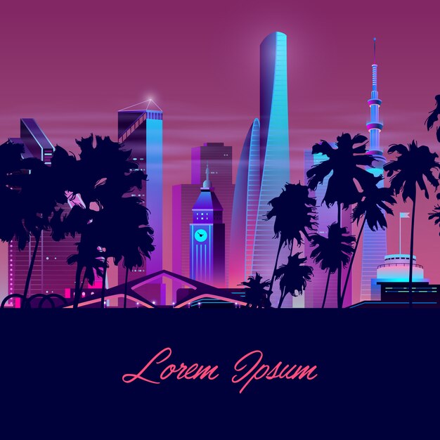 Vector city with palms, tower. Background template