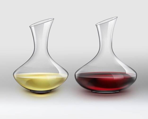 Vector classical glass decanter with red wine and decanter with white wine, on gray gradient background