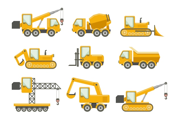 Free vector vector construction icons set. bulldozer and machinery, truckload and crane, excavator and mixer