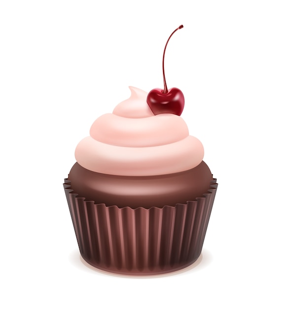 Free Vector vector cupcake with pink whipped cream and cherry close up isolated on white background