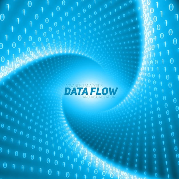 Vector data flow visualization. Blue flow of big data as binary numbers strings twisted in tunnel. Information code representation. Cryptographic analysis.