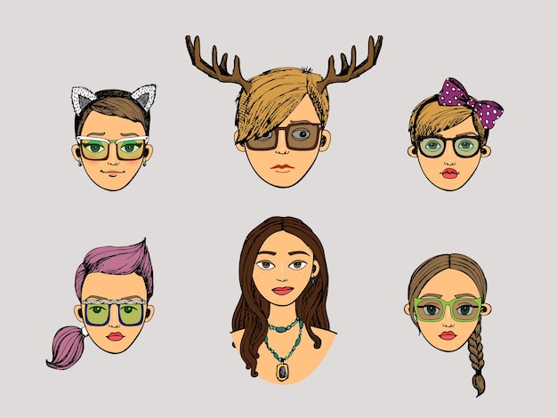 vector deer girls heads in hipster style set