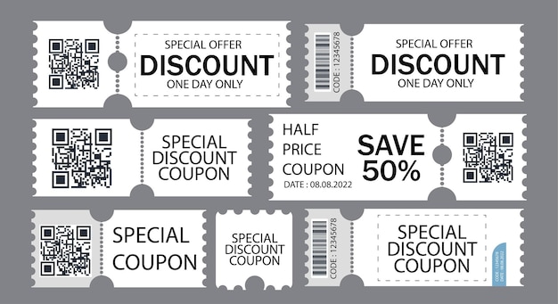 Vector discount coupon half price offer promo code gift voucher and coupons template