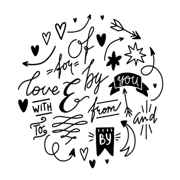 Vector doodles set of decorative elements and words