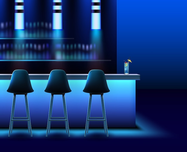 Free Vector vector empty night club interior in blue colors with bar counter,chairs, lamps and alcohol