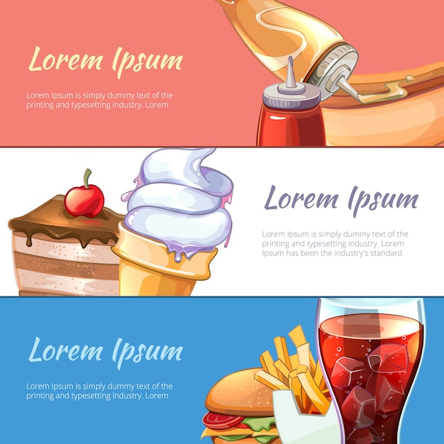 Free Vector vector fast food horizontal banners set. restaurant and hamburger, burger lunch snack, soda and hot dog