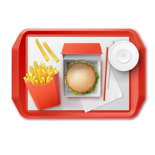 Free Vector vector fast food set of realistic hamburger classic burger potatoes french fries in red package box blank cardboard cup for soft drinks with straw on tray top view isolated on white background