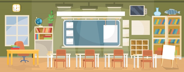 Vector flat illustration of an empty classroom in a school, university, college, institute