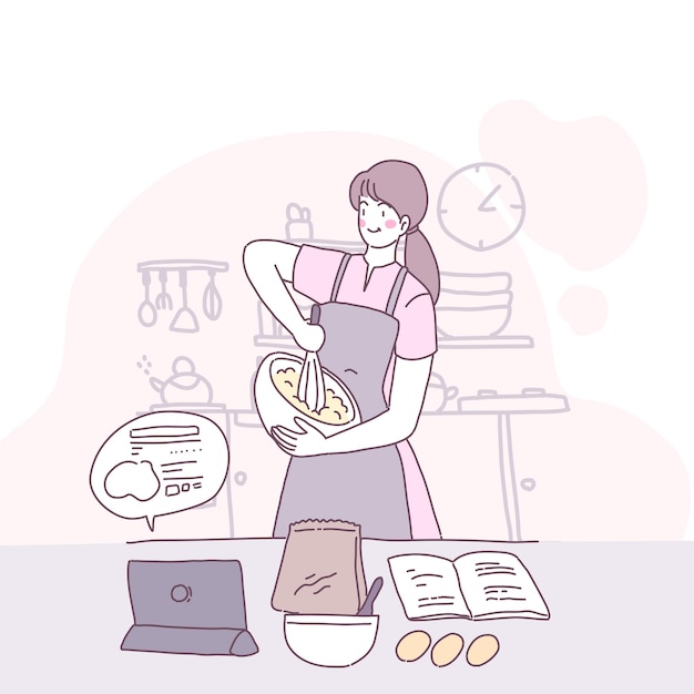 Free Vector vector flat illustration with a girl who cooks in the kitchen