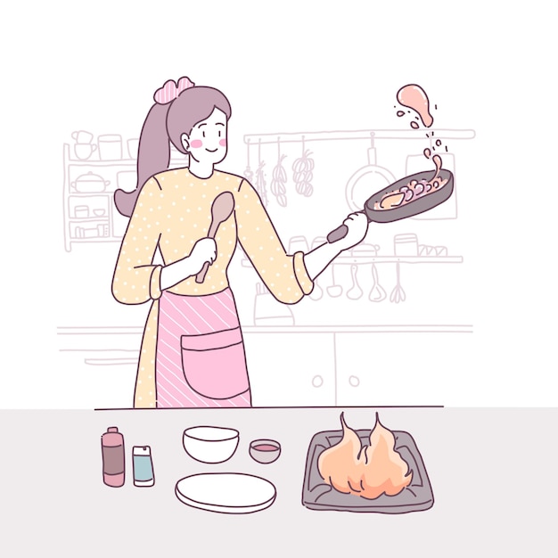 Vector flat illustration with a girl who cooks in the kitchen