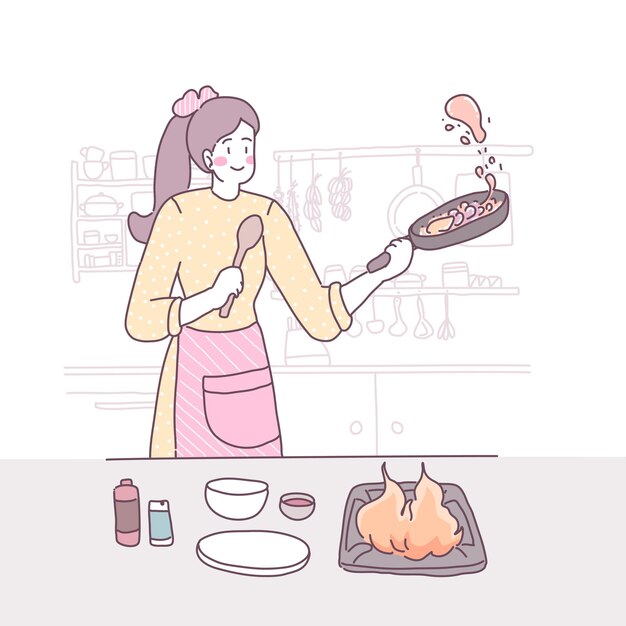 Vector flat illustration with a girl who cooks in the kitchen