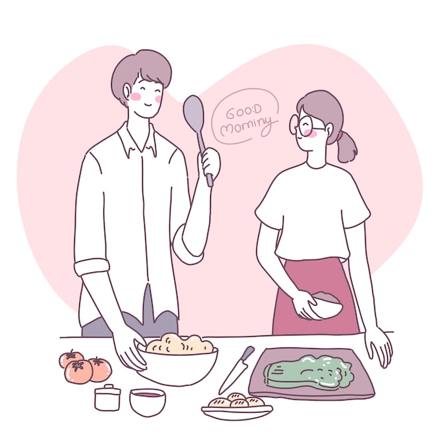 Vector flat illustration with a girl who cooks in the kitchen