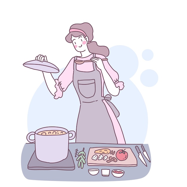 Vector flat illustration with a girl who cooks in the kitchen