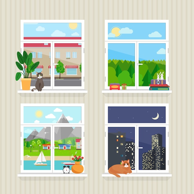 Free Vector vector flat windows with landscape. town and skyscraper, forest and cat, day and night