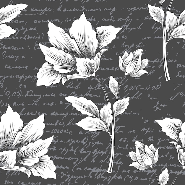 Vector flower seamless pattern element with ancient text.